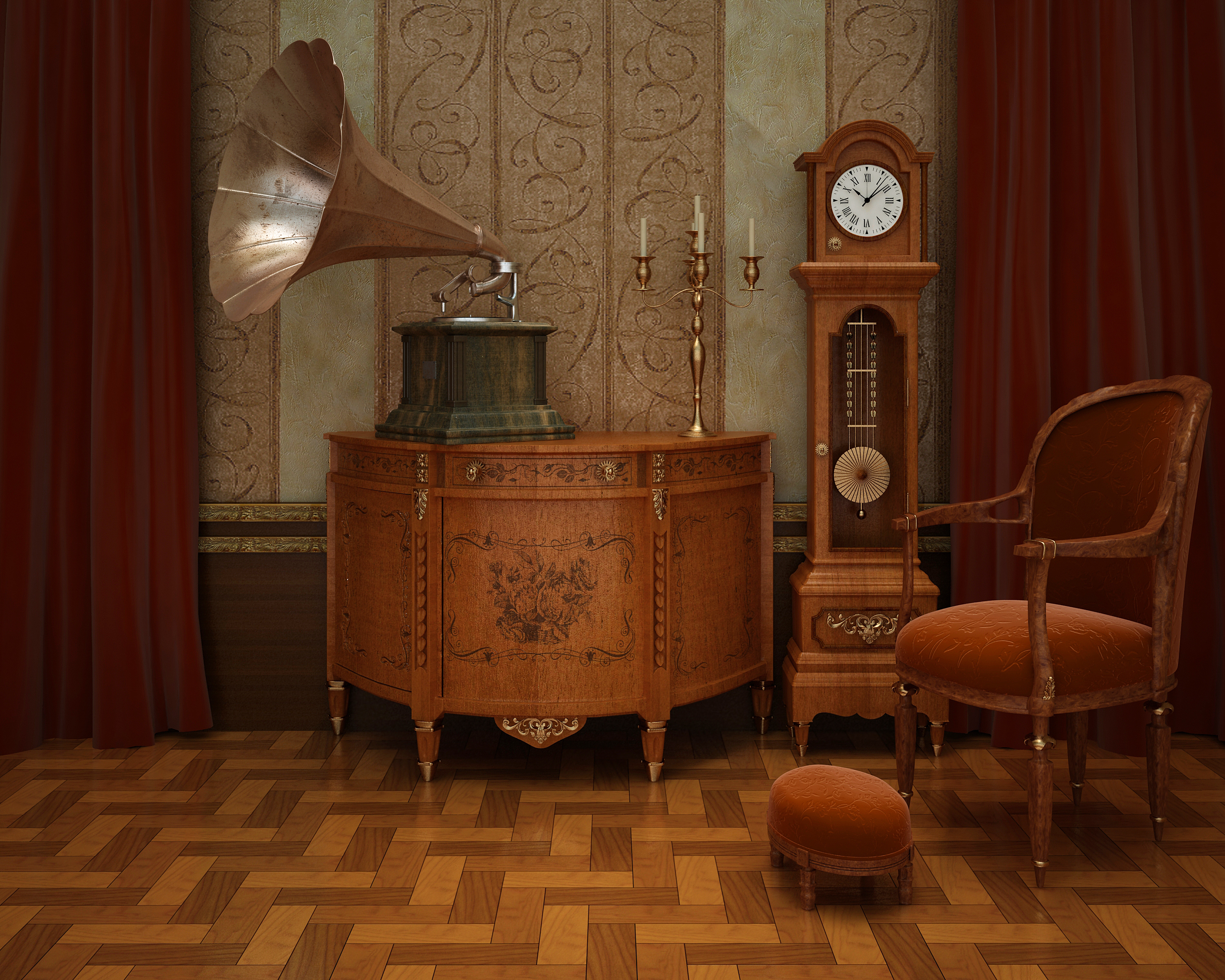 Room with Grandfather Clock and Phonograph